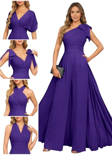 Mkojaa Plus Size Women's Infinity Wrap Pantsuit Flattering Chiffon Wide Leg Jumpsuit for Gala Evening Party One Shoulder Wedding Guest Dress Regency US24W