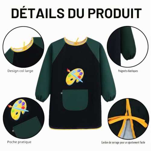 HUKUMA Tablier Peinture Enfant,Blouse Peinture Enfant 7-11 Ans, Blouse Imperméable Manche Longue avec Poche,Tablier de Cuisine,pour Art Peinture Coloriage Artisanat – vue 3