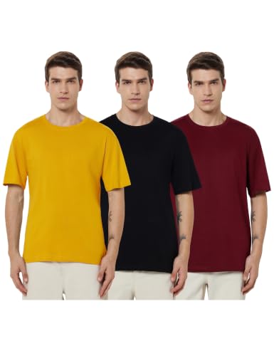 Image of Veirdo 100% Pure Cotton Drop Shoulder Oversized Baggy Fit Half Sleeve Plain Solid Round Neck Multicolor T-Shirt Combo for Men (Pack of 3) (Sizes S-2XL)