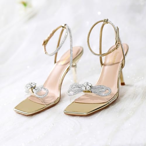 Image of Susanny Women's Closed Toe Rhinstone Wedding Low Heel Slingback Clear Kitten Heels,Adjustable Strap Pointed Toe Bow Pumps High Heeled Prom Dress Shoes