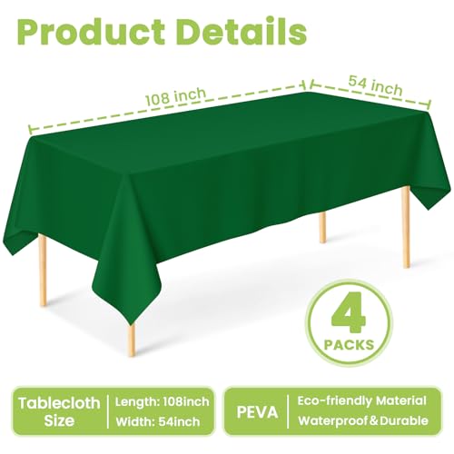 Image of Mulbozy 4 Pcs Green Plastic Table Cloth Disposable, 54 x108 Inch