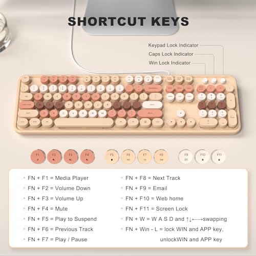 Image of MOFII Milk Tea Colorful Retro Round Typewriter Keyboard, Full Size USB-A Wired Plug Play, 104 Keys, Tactile Switches, Ambidextrous, QWERTY Layout, Compatible with Windows PC Laptop