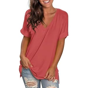 2025 T Shirt Long Femme Grandes Tailles Classique Coupe Ample,T-Shirt Femme À Manches Courtes Col en v Tops D'Été,Tee Shirts De Sport Femmes Casual Tops Tunique Elégante Couleur Solide Été