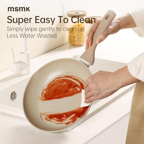 Image of MsMk 9.5 Inch Ceramic Nonstick Frying pan with Lid, Beige Cooking Skillet