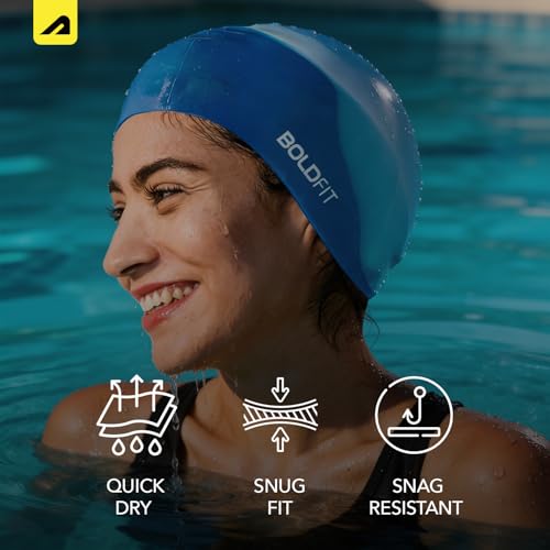 Image of Boldfit Swimming Cap for Men Silicone, for Women Unisex, for Kids Boys & Girls, for Women Long Hair Head Cap Men Silicone Fabric, Easy Fit - WhiteBlue