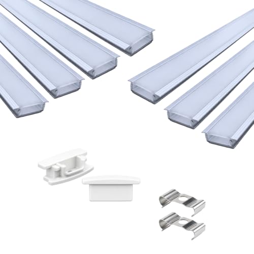 Image of Lighting 18x6mm LED Strip Lights 1 Meter Aluminium Rectangular Concealed Profile Light Channels with Diffused Cover, End Caps and Mounting Clips Without LED Straight Linear, (Pack of 7)