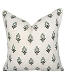Jillien Harbor “The Poppy” Floral Block Print Pillow Cover – Green Leaf Decorative Festive Throw Pillow Cover with White Background – Grandmillennial Home Decor, 20' x 20'