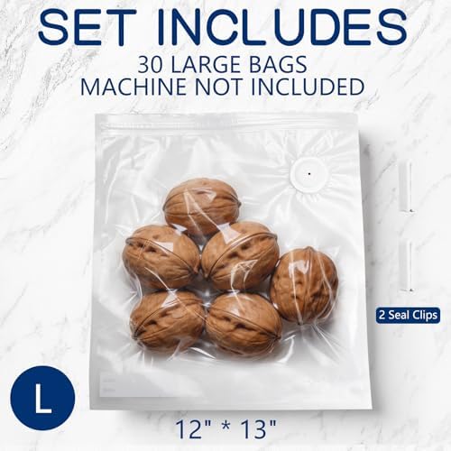 30-Pack Large Vacuum Sealer Bags & 2 Bonus Sealing Clips, Compatible with Chef Preserve β BPA-Free (12 x 13 in) Reusable Food Storage Bags for Freezer, Microwave, Sous Vide β Leak-Proof - 1