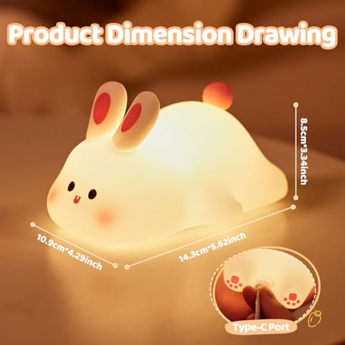 Image of Rytinazzz Silicone Night Light for Kids, 50H Long Battery Big Face Rabbit Lamp, Gift for Kids, Soft Dimmable Bedside Light, Rechargeable Tap Control