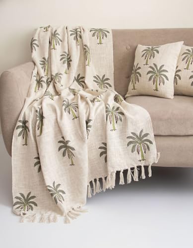 Image of Handwoven Cotton Sofa Throw Blanket 50x70 Inch with 2 pcs Cushion Covers 16x16 Inches Beige (Pack of 3, Palm Tree)