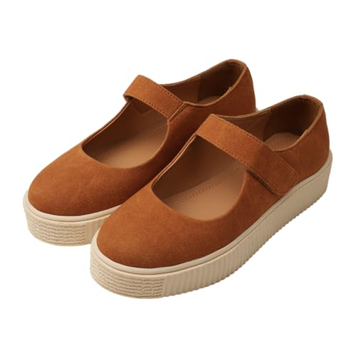 Theater Women Maru Moths Tan Mary Jane Platform Shoes with Velcro Strap | Vegan Suede Upper | Comfortable Wear for Smart Styling