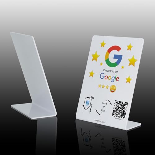 TARAFFICE – Soporte NFC Comentarios Google | Compatible iPhone & Android | Para Tiendas, Negocios, Tiendas, Restaurantes, bars, cafés, fastfoods, Pizzerías- Inglés (White)