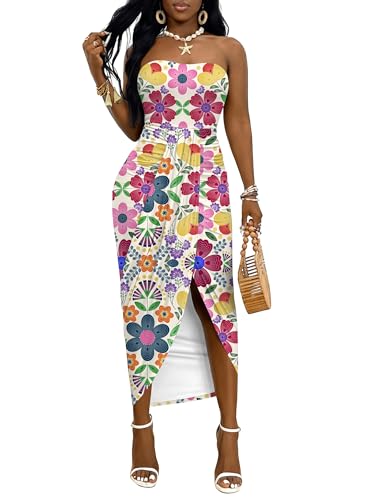 Image of Umenlele Women's Strapless Ruched High Waist Wrap Split Asymmetrical Beach Maxi Long Dress
