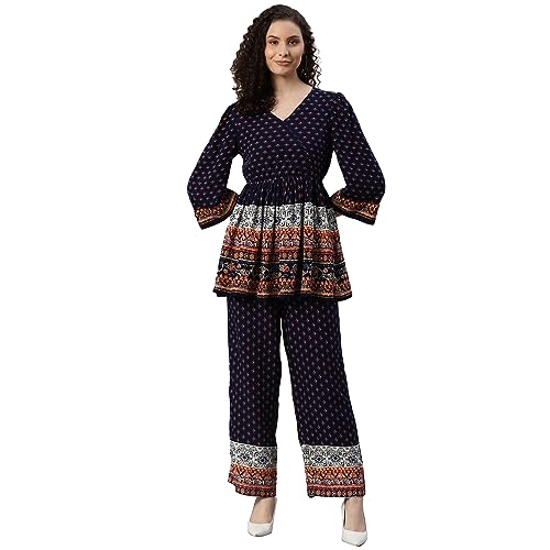 Image of DEEBACO Women's Ethnic Motifs Rayon Peplum Flared Tunic & Pants Co Ord Set for Women V Neck & 3 /4 Puff Sleeve Ladies Party Casual Wear for Girls Relaxed Fit Cord Set (DBCOMR00000912 XL Navy Blue)