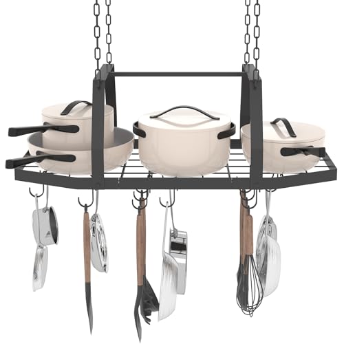 TICKCACY Hexagon Ceiling Pot Rack Hanging, 34\" Pan Rack Hanging with 15 Hooks, Metal Hanging Pots and Pans Ceiling Mount Organizer Rack, Pot and Pan Hangers for Kitchen Cookware Utensils