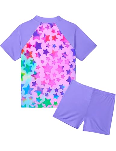 Image of Girls Swimsuit Colorful Short Sleeve Bathing Suits UPF 50+ Rash Guard Set Two Piece Summer Swimwear