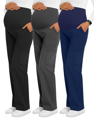 Sweetyweee 3 Pack Womens Maternity Scrub Pants 6 Pockets Cargo Pants Stretchy Comfy Workwear Straight Leg Pregnancy Pants(Black Dark Gray Navy Blue Small)