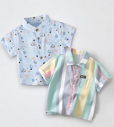 Image of Kids Boys Shirt Printed, Checkered and Floral Casual Short Sleeve Shirts Pack of 2