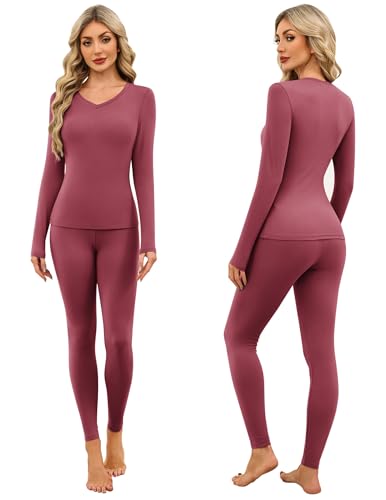 Ekouaer Underkläder dam pyjamas dam vinter varma termiska set justerbara mjuka nattkläder S–XXL, Bordeaux, L