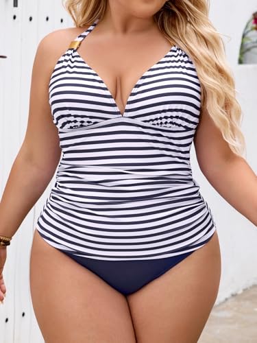 Image of B2prity Halter Tankini Swimsuit for Women Tummy Control Two Piece Bathing Suit V Neck Swimwear with Shorts