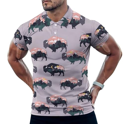 JOJOART Men's Polo Shirt Bison Landscape Mountain Scene Short Sleeve