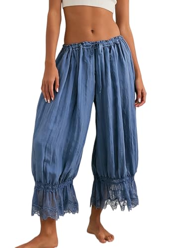 Image of NUFIWI Women Ruffle Long Bloomer Y2k Lace Trim Pettipants Pantaloons Mid Rise Cropped Pajama Pants Under Dress Slips