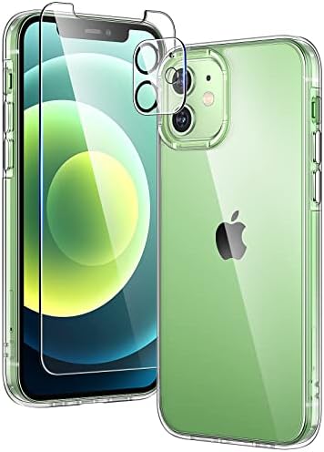 TAURI [5 in 1 for iPhone 12 Case, for iPhone 12 Pro Case, Non-Yellowing, with 2 Tempered Glass Screen Protector + 2 Camera Lens Protector, Shockproof Slim Clear Phone Case 6.1 Inch, Drop Protection