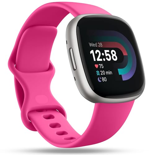 Getino Compatible with Fitbit Versa 4 Bands/Versa 3 Bands & Fitbit Sense 2 Bands/Sense Bands Women Men, Soft Sport Strap Accessories for Fitbit Sense/Sense 2/Versa 4/Versa 3 SmartWatch,Large Hot Pink