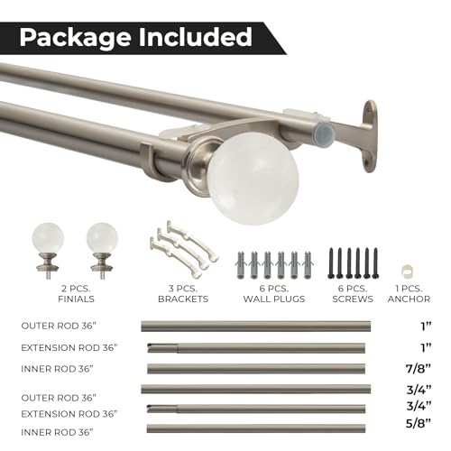 Image of Deco Window 1 Pc 36-66 Inch Extendable Double Curtain Rod with Brackets for Door & Windows Heavy Duty Iron Dual Telescopic Drapery Pole with Acrylic Ball Finials (25mm Diameter, Satin Silver)