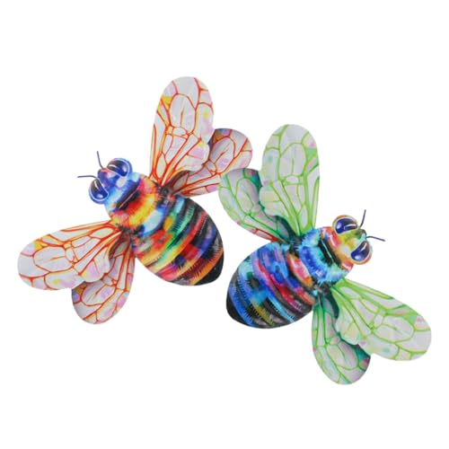 Housoutil Adorno Colgante de Abeja de Hierro 2 Piezas Alas Verdes y Naranjas, Decoración de Pared para Jardín y Exteriores, Arte Metálico Resistente para Vallas y Patios