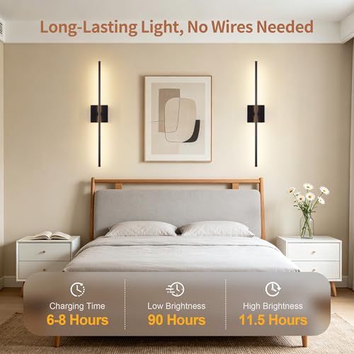 Image of KARTOOSH 28.3 Inch Wall Sconces Battery Operated for Living Room Black | Rechargeable Wireless Wall Lamp Set of 2, 3000K Warm White Dimmable Wall Light Remote Control Indoor Lighting for Bedroom