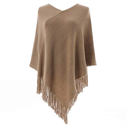 Women Poncho Sweater V Neck Solid Knit Pullover Cape Lightweight Shawl Elegant Wrap with Fringes Gifts for Womens