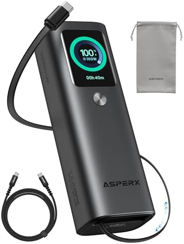 AsperX Laptop Power Bank, 20,000mAh 165W Portable Laptop Charger Built-in 100W USB-C Retractable Cable, Aluminum Unibody Battery Pack Power Bank for iPhone 16/iPad/MacBook/Dell/HP(Flight-Approved)