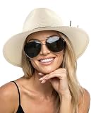 FURTALK Sun Hats for Women Summer Wide Brim UV UPF 80+ Panama Fedora Foldable Packable Straw Beach Hat Ivory