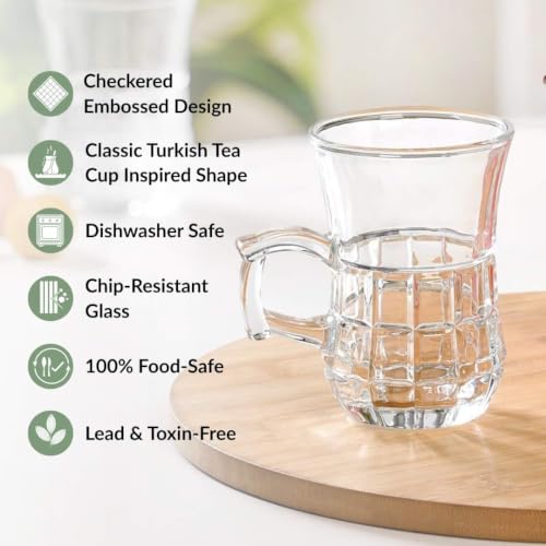 Image of Nestasia Set of 6 Transparent Glass Tea Cups (150ml Each) - Checkered Embossed Durable & 100% Food-Safe Coffee Mugs | Perfect for Coffee, Tea, Hot & Cold Beverages