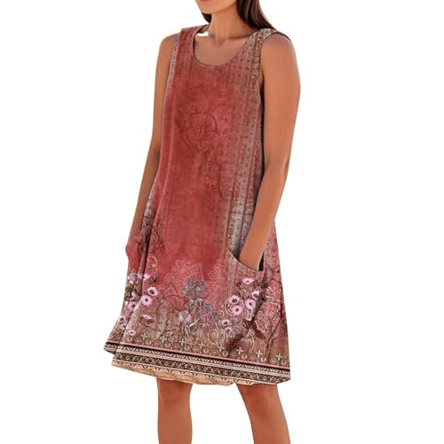 Damen Bohemian Ärmellos Kleid Blumenmuste Strandkleid Casual Rundhals Sommerkleider mit Taschen,Rot,L