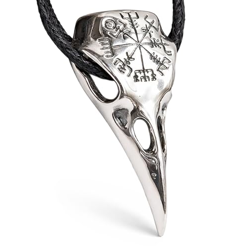 Raven skull necklace with Viking Vegvisir pendant