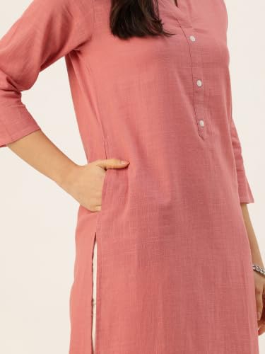 Image of feranoid Women's Plain Cotton Kurta with Mandarin Collar, 3 /4 Sleeves & Pocket