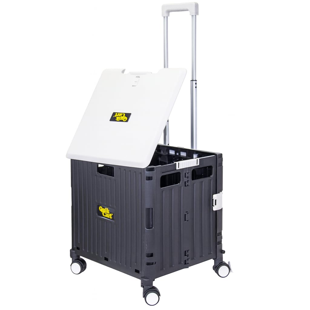 dbest Products Quik Cart Swing Lid Four Swivel Wheeled Rolling Crate Teacher Utility with seat Heavy Duty Collapsible Basket with Dual Telescopic