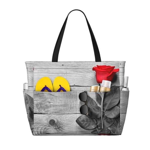Sac de plage grand format chic à imprimé rose rouge et finitions de qualité