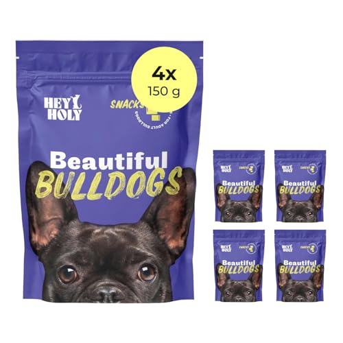 HEY HOLY Premium Hundeleckerlis für Bulldogen 100% getreidefrei | Hunde Snacks | 4 x 150 g Leckerli für ausgewachsene Bulldogen mit Lachs | Hochverträglich aus natürlichen Zutaten