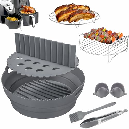 9 Pcs Premium Ninja Air Fryer Accessories, Collapsible Round Silicone Air Fryer Liner, Design to fit AF100UK, AF160UK, Ninja 15 in 1 Multicooker, 3.8L & Above Round Air Fryers, 2.6mm Thickness (Grey)