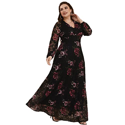 TOLEEN Women's Plus Size Dress V Neck Rose Embroidery Mesh Elegant Formal Maxi Dresses