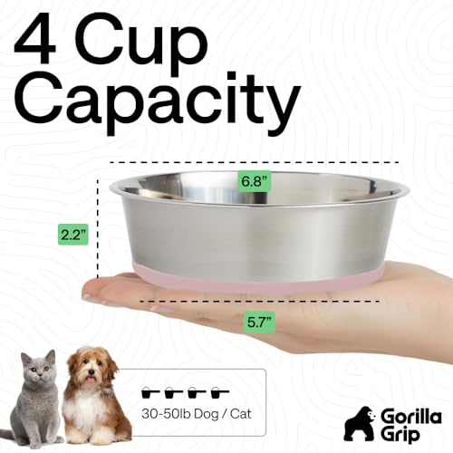 Image of GORILLA GRIP Dog Bowls, Food Grade 304 Stainless Steel, Holds 4 Cups Each (32 fl oz) Food and Water Bowl for Feeding Dogs and Cats, Dishwasher Safe, Rust Resistant, BPA Free Rubber Base Set of 2 Pink