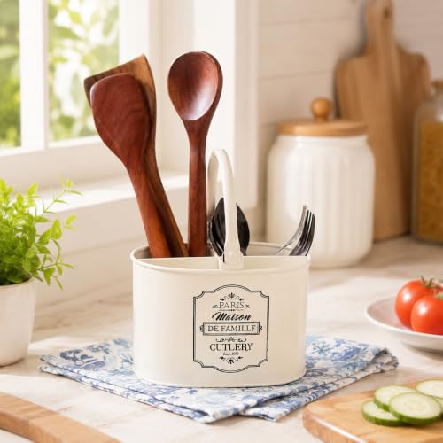Image of MARKET 99 Galvanised Iron Cutlery Holder - ivory | Rustic Kitchen Utensil Organizer for Spoons, Forks, Knives | Multipurpose Countertop Rack for Dining Table & Office Desk | Vintage Finish