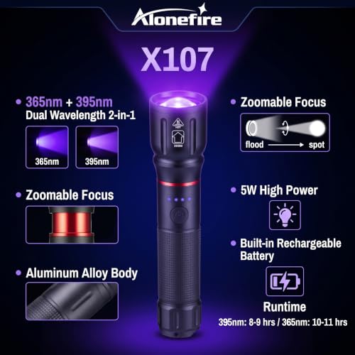 ALONEFIRE X107 Dual 365nm 395nm UV Flashlight, 5W Zoomable Rechargeable - Image 2