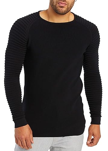 LEIF NELSON Herren Strickpullover Basic Rundhals Crew Neck Sweatshirt Langarm Sweater Feinstrick LN20729, Größe XL, Schwarz