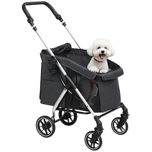 PawHut Poussette buggy pliable pour chien, porte-gobelets, laisse de sécurité, roues avec frein à 360°, fenêtre à mailles, alliage d'aluminium, chariot...