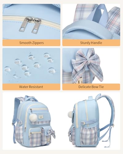 Image of Backpack for School Girls, 3Pcs Kids Cute Bookbag with Lunch Box Pencil Pouch, Student Pack Fits 15.6 Inch Laptop for Teens bag for Kindergarten Elementary Preschool Middle School, Blue Tartan