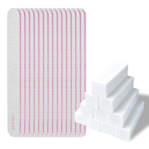 Eupneicu 15 Stück Professionelle Nagelfeile + 10 Stück Nagel Block Weiß Polierblock, Nagelwerkzeug, Doppelseitige 100/180, Waschbar, Wiederverwendbar, Fr Nagelstudios Diy Nail Art Zuhause